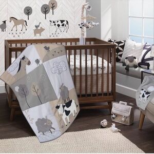 Farm Animal-Themed Baby Bedding Set in Gray and Cream